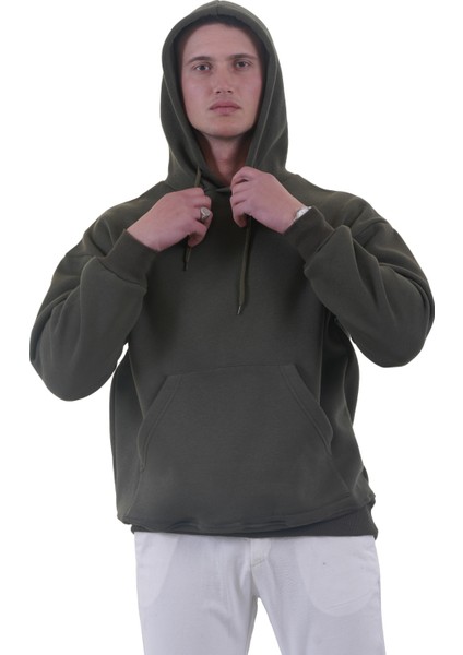 Haki Yeşil Basic Oversize Soft Touch Kışlık Kapüşonlu Içi Polarlı 3 Iplik Hoodie Sweatshirt