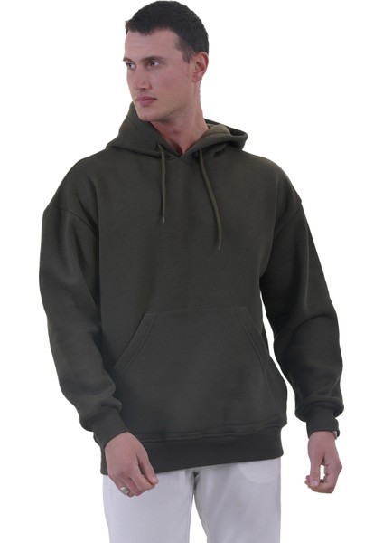 Haki Yeşil Basic Oversize Soft Touch Kışlık Kapüşonlu Içi Polarlı 3 Iplik Hoodie Sweatshirt