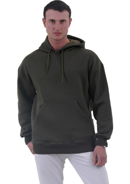 Haki Yeşil Basic Oversize Soft Touch Kışlık Kapüşonlu Içi Polarlı 3 Iplik Hoodie Sweatshirt
