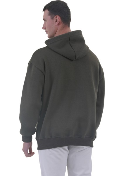 Haki Yeşil Basic Oversize Soft Touch Kışlık Kapüşonlu Içi Polarlı 3 Iplik Hoodie Sweatshirt