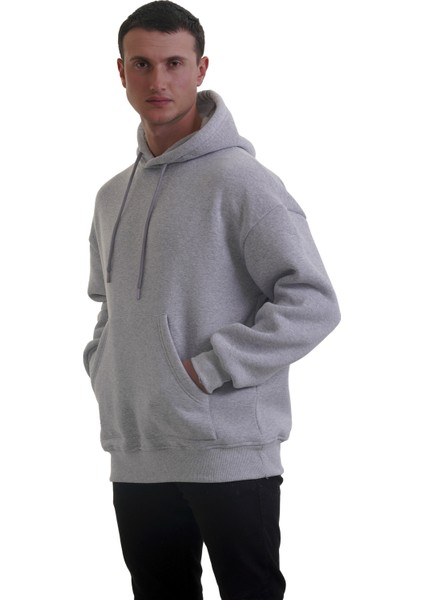 Gri Melanj Basic Oversize Soft Touch Kışlık Kapüşonlu Içi Polarlı 3 Iplik Hoodie Sweatshirt