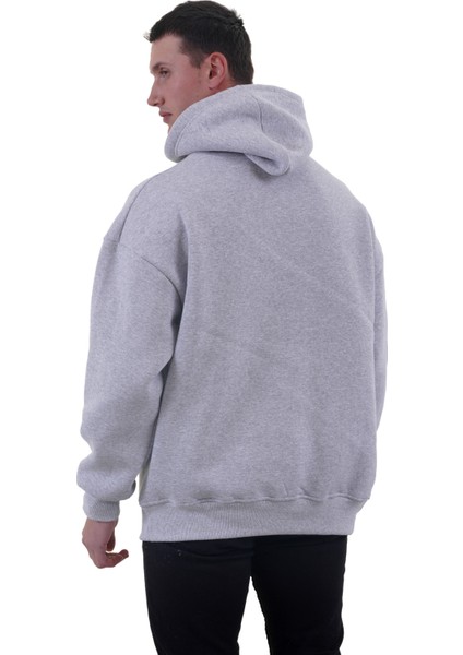 Gri Melanj Basic Oversize Soft Touch Kışlık Kapüşonlu Içi Polarlı 3 Iplik Hoodie Sweatshirt