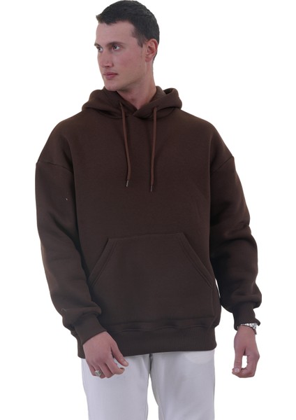 Kahverengi Basic Oversize Soft Touch Kışlık Kapüşonlu Içi Polarlı 3 Iplik Hoodie Sweatshirt