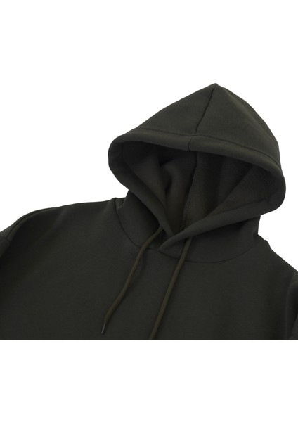 Haki Yeşil Basic Oversize Soft Touch Kışlık Kapüşonlu Içi Polarlı 3 Iplik Hoodie Sweatshirt