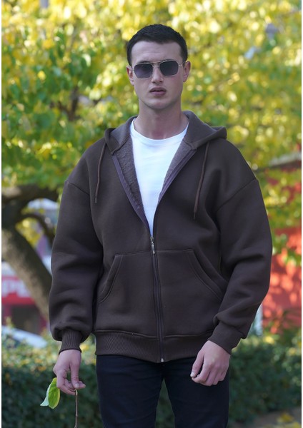 Kahverengi Basic Oversize Yumuşak Örme Kışlık Kapüşonlu Içi Polarlı 3 Iplik Fermuarlı Hırka Sweatshirt