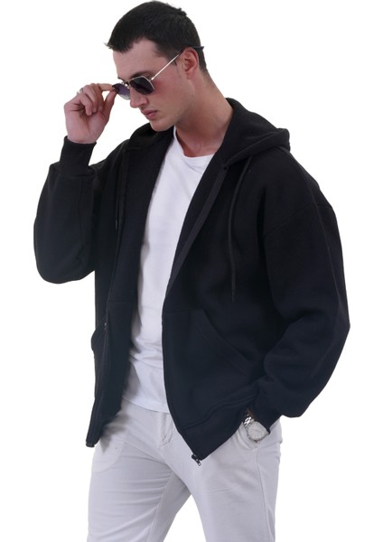 Siyah Basic Oversize Yumuşak Örme Kışlık Kapüşonlu Içi Polarlı 3 Iplik Fermuarlı Hırka Sweatshirt