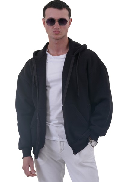 Siyah Basic Oversize Yumuşak Örme Kışlık Kapüşonlu Içi Polarlı 3 Iplik Fermuarlı Hırka Sweatshirt