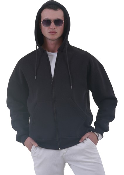 Siyah Basic Oversize Yumuşak Örme Kışlık Kapüşonlu Içi Polarlı 3 Iplik Fermuarlı Hırka Sweatshirt