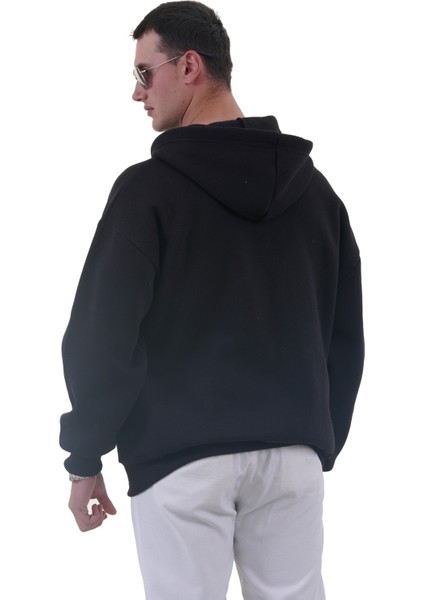 Siyah Basic Oversize Yumuşak Örme Kışlık Kapüşonlu Içi Polarlı 3 Iplik Fermuarlı Hırka Sweatshirt