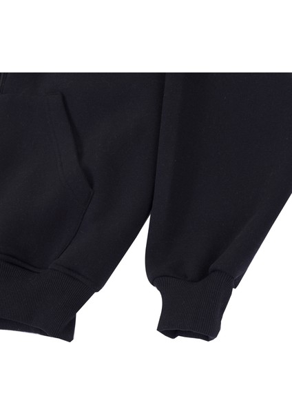 Siyah Basic Oversize Yumuşak Örme Kışlık Kapüşonlu Içi Polarlı 3 Iplik Fermuarlı Hırka Sweatshirt