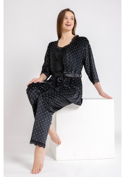 Kadın Siyah Puan Kadife Ip Askı Sabahlık Pantolon 3 Lü Pijama Takım