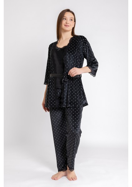 Kadın Siyah Puan Kadife Ip Askı Sabahlık Pantolon 3 Lü Pijama Takım fiyatları