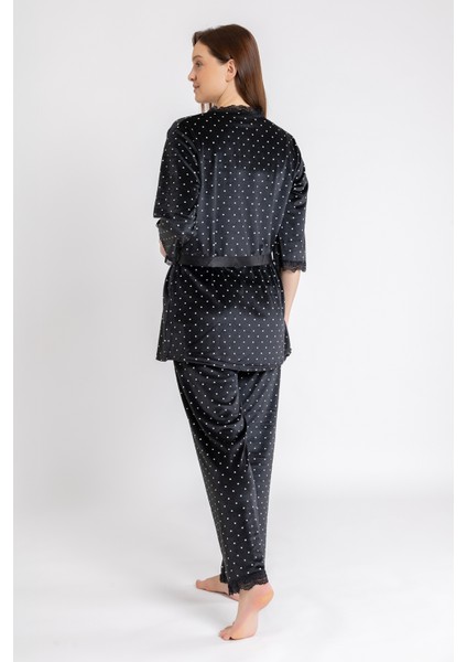 Kadın Siyah Puan Kadife Ip Askı Sabahlık Pantolon 3 Lü Pijama Takım fırsatları