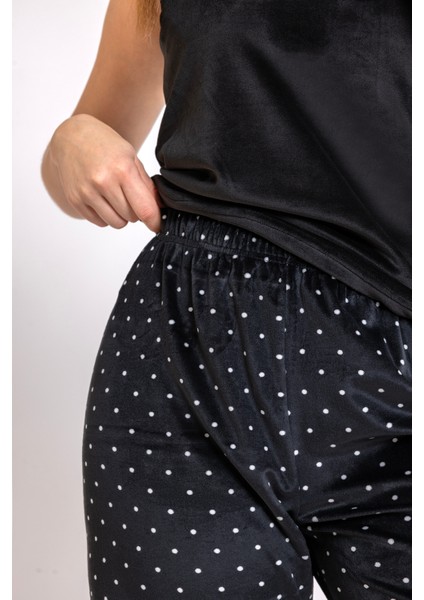 Kadın Siyah Puan Kadife Ip Askı Sabahlık Pantolon 3 Lü Pijama Takım indirimleri