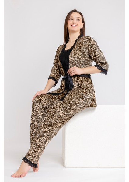 Kadın Leopar Kadife Ip Askı Sabahlık Pantolon 3 Lü Pijama Takım