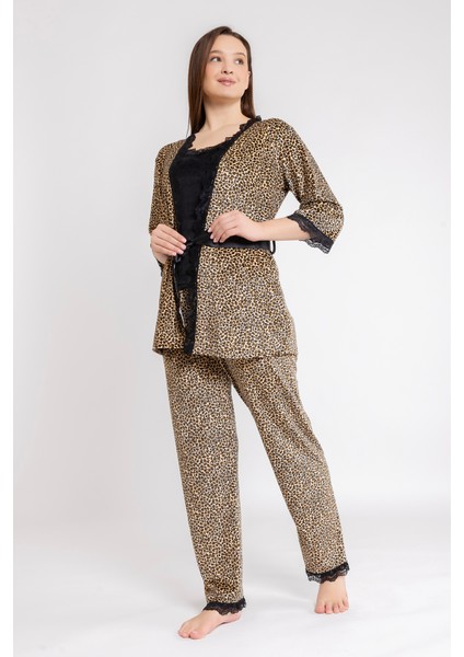 Kadın Leopar Kadife Ip Askı Sabahlık Pantolon 3 Lü Pijama Takım modelleri