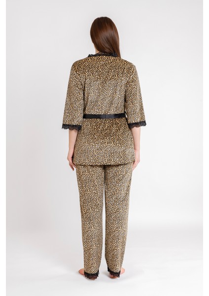 Kadın Leopar Kadife Ip Askı Sabahlık Pantolon 3 Lü Pijama Takım fırsatları