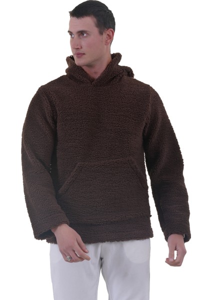 Kahverengi Peluş Kürklü Kışlık Kapüşonlu Pamuk Likralı Kışlık Normal Fit Hoodie Sweatshirt