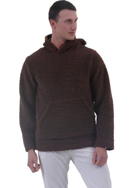 Kahverengi Peluş Kürklü Kışlık Kapüşonlu Pamuk Likralı Kışlık Normal Fit Hoodie Sweatshirt fiyatları