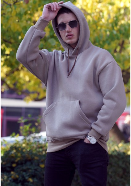 Bej Rengi Basic Oversize Soft Touch Kışlık Kapüşonlu Içi Polarlı 3 Iplik Hoodie Sweatshirt