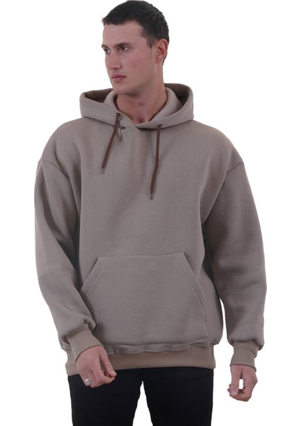Bej Rengi Basic Oversize Soft Touch Kışlık Kapüşonlu Içi Polarlı 3 Iplik Hoodie Sweatshirt
