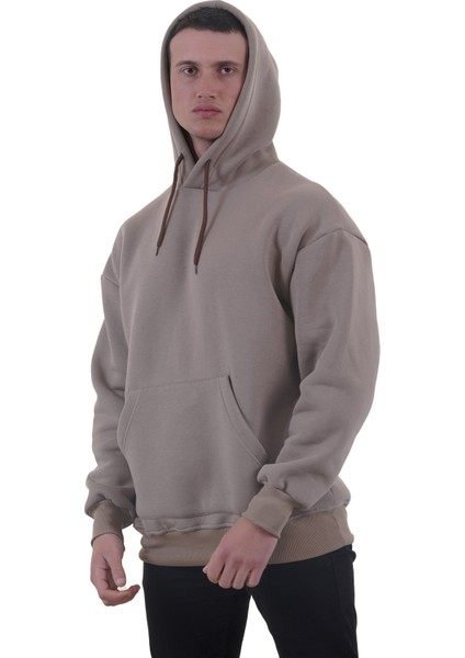 Bej Rengi Basic Oversize Soft Touch Kışlık Kapüşonlu Içi Polarlı 3 Iplik Hoodie Sweatshirt