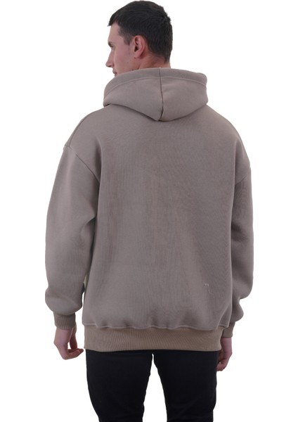 Bej Rengi Basic Oversize Soft Touch Kışlık Kapüşonlu Içi Polarlı 3 Iplik Hoodie Sweatshirt