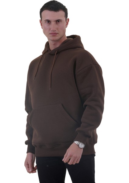 Kahverengi Basic Oversize Soft Touch Kışlık Kapüşonlu Içi Polarlı 3 Iplik Hoodie Sweatshirt