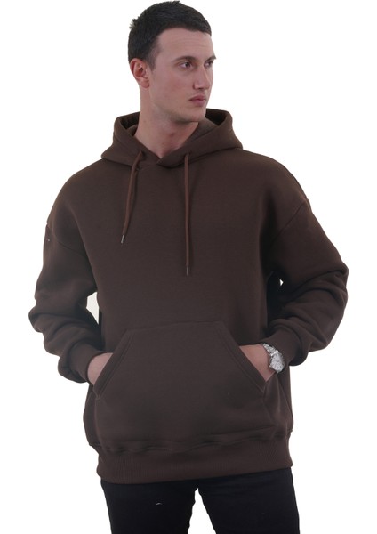 Kahverengi Basic Oversize Soft Touch Kışlık Kapüşonlu Içi Polarlı 3 Iplik Hoodie Sweatshirt