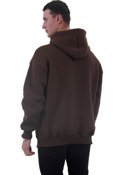Kahverengi Basic Oversize Soft Touch Kışlık Kapüşonlu Içi Polarlı 3 Iplik Hoodie Sweatshirt