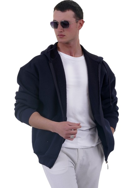 Lacivert Basic Oversize Yumuşak Örme Kışlık Kapüşonlu Içi Polarlı 3 Iplik Fermuarlı Hırka Sweatshirt
