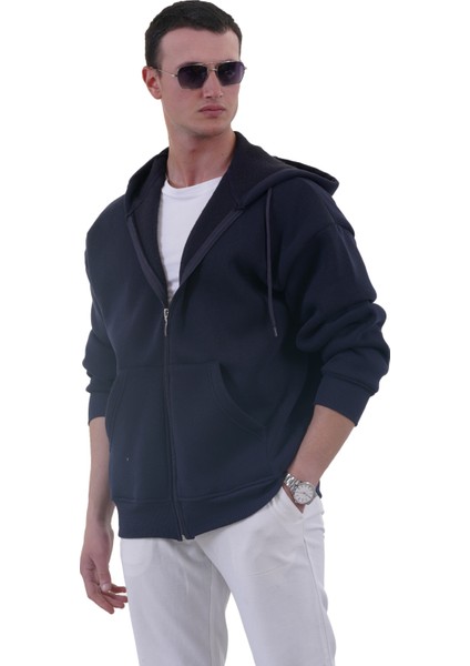 Lacivert Basic Oversize Yumuşak Örme Kışlık Kapüşonlu Içi Polarlı 3 Iplik Fermuarlı Hırka Sweatshirt