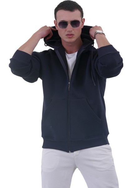 Lacivert Basic Oversize Yumuşak Örme Kışlık Kapüşonlu Içi Polarlı 3 Iplik Fermuarlı Hırka Sweatshirt