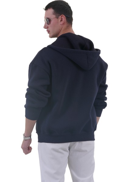 Lacivert Basic Oversize Yumuşak Örme Kışlık Kapüşonlu Içi Polarlı 3 Iplik Fermuarlı Hırka Sweatshirt