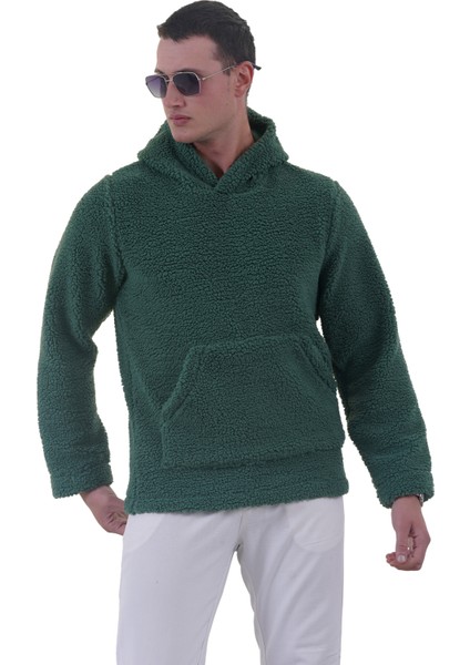 Yeşil Peluş Kürklü Kışlık Kapüşonlu Pamuk Likralı Kışlık Normal Fit Hoodie Sweatshirt fiyatları