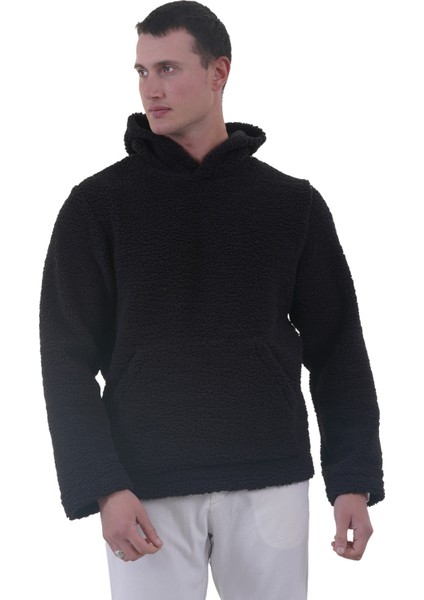 Siyah Peluş Kürklü Kışlık Kapüşonlu Pamuk Likralı Kışlık Normal Fit Hoodie Sweatshirt