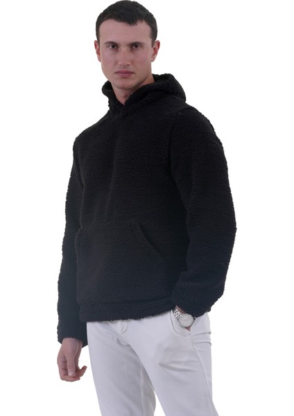 Siyah Peluş Kürklü Kışlık Kapüşonlu Pamuk Likralı Kışlık Normal Fit Hoodie Sweatshirt fiyatları