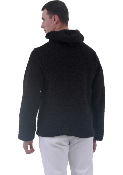 Siyah Peluş Kürklü Kışlık Kapüşonlu Pamuk Likralı Kışlık Normal Fit Hoodie Sweatshirt fırsatları