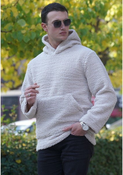 Bej Peluş Kürklü Kışlık Kapüşonlu Pamuk Likralı Kışlık Normal Fit Hoodie Sweatshirt