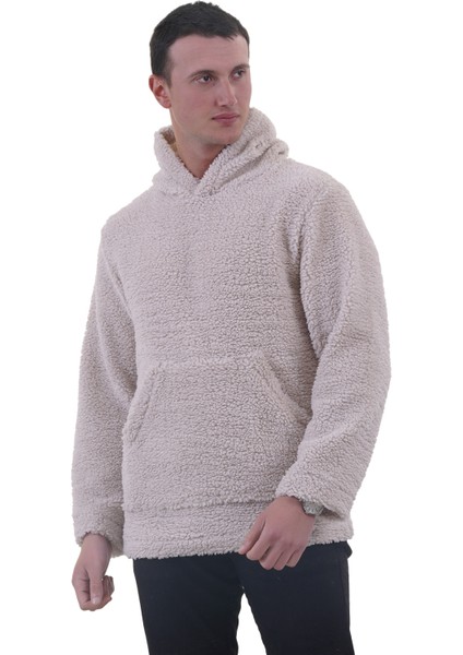 Bej Peluş Kürklü Kışlık Kapüşonlu Pamuk Likralı Kışlık Normal Fit Hoodie Sweatshirt fiyatları