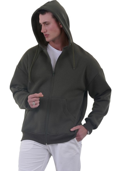 Haki Yeşil Basic Oversize Yumuşak Örme Kışlık Kapüşonlu Içi Polarlı 3 Iplik Fermuarlı Hırka Sweatshirt