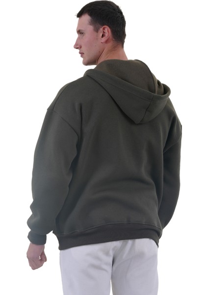 Haki Yeşil Basic Oversize Yumuşak Örme Kışlık Kapüşonlu Içi Polarlı 3 Iplik Fermuarlı Hırka Sweatshirt fırsatları