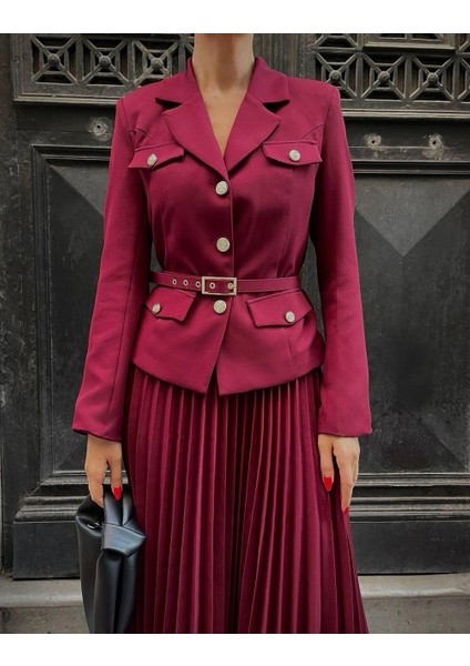 Bordo Kemerli Blazer Ceket ve Pilliseli Takım