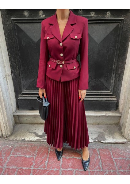 Bordo Kemerli Blazer Ceket ve Pilliseli Takım