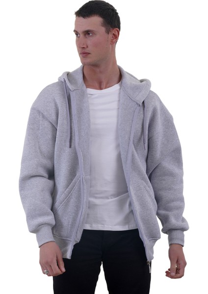 Gri Melanj Basic Oversize Yumuşak Örme Kışlık Kapüşonlu Içi Polarlı 3 Iplik Fermuarlı Hırka Sweatshirt fiyatları