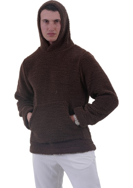 Kahverengi Peluş Kürklü Kışlık Kapüşonlu Pamuk Likralı Kışlık Normal Fit Hoodie Sweatshirt modelleri