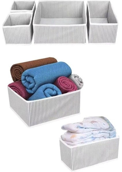 4'lü Çekmece Içi Düzenleyici (Bölmeli) Çizgili Desenli Gri Organizer Kutu Seti - Çok Amaçlı