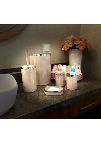 Banyo Seti 5'li, Yuvarlak, Akrilik-Çöp Kovası, Wc Fırçalık, Sıvı Sabunluk, Diş Fırçalık, El Sabunlu