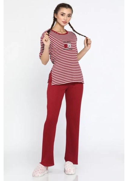 Kısa Kollu Ince Triko Desenli Kadın Pijama Takımı