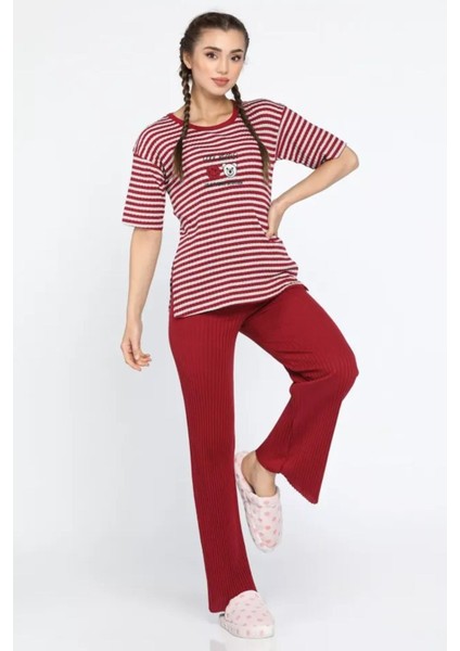 Kısa Kollu Ince Triko Desenli Kadın Pijama Takımı